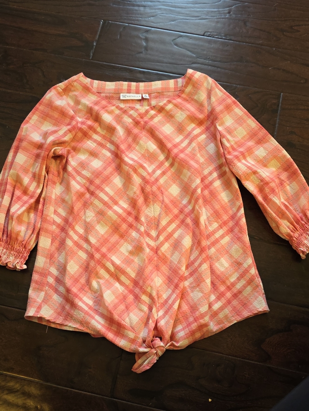 Rafaella Coral & Peach Plaid Tie-Front Blouse